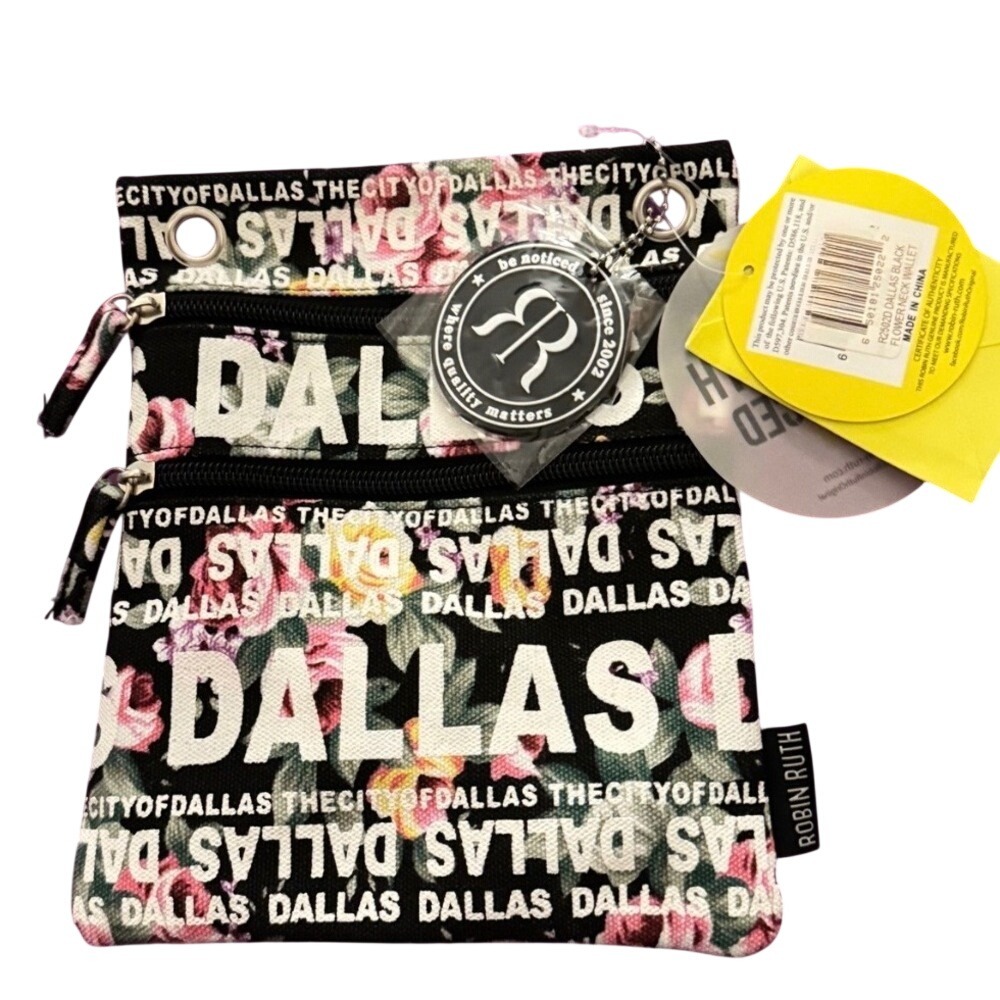 Robin Ruth Dallas Texas Black Flower Neck Wallet Coin Pouch NWT‎